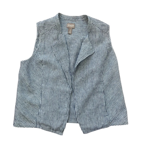 Chico’s Striped Open Front Linen Sleeveless Blazer Size L Chambray White Layer - Picture 5 of 10